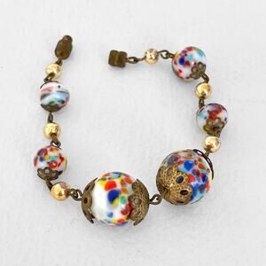 Mid-Century MURANO Confetti Glass Bead Bracelet 30s Barrel Clasp Filigree Brass
